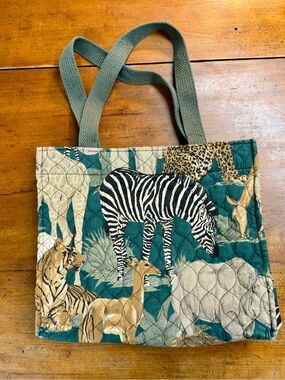 Small Quilted Wildlife Print Tote Bag in Teal and Tan